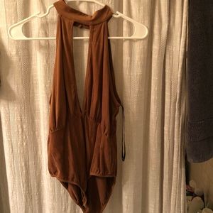 Deep v suede tan body suit